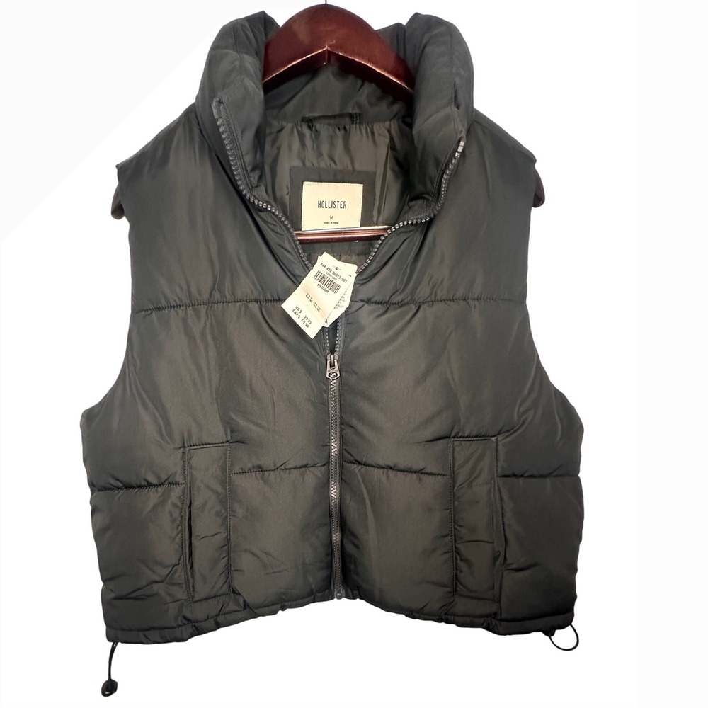 Hollister Puffer Vest Womens Medium Black NWT Quilted Zip Up Adjustable Hem